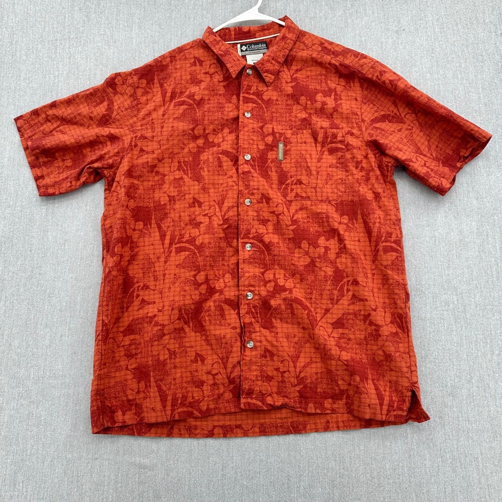 Columbia Shirt Mens XL Orange Floral Hawaiian Short Sleeve Button Up Beach